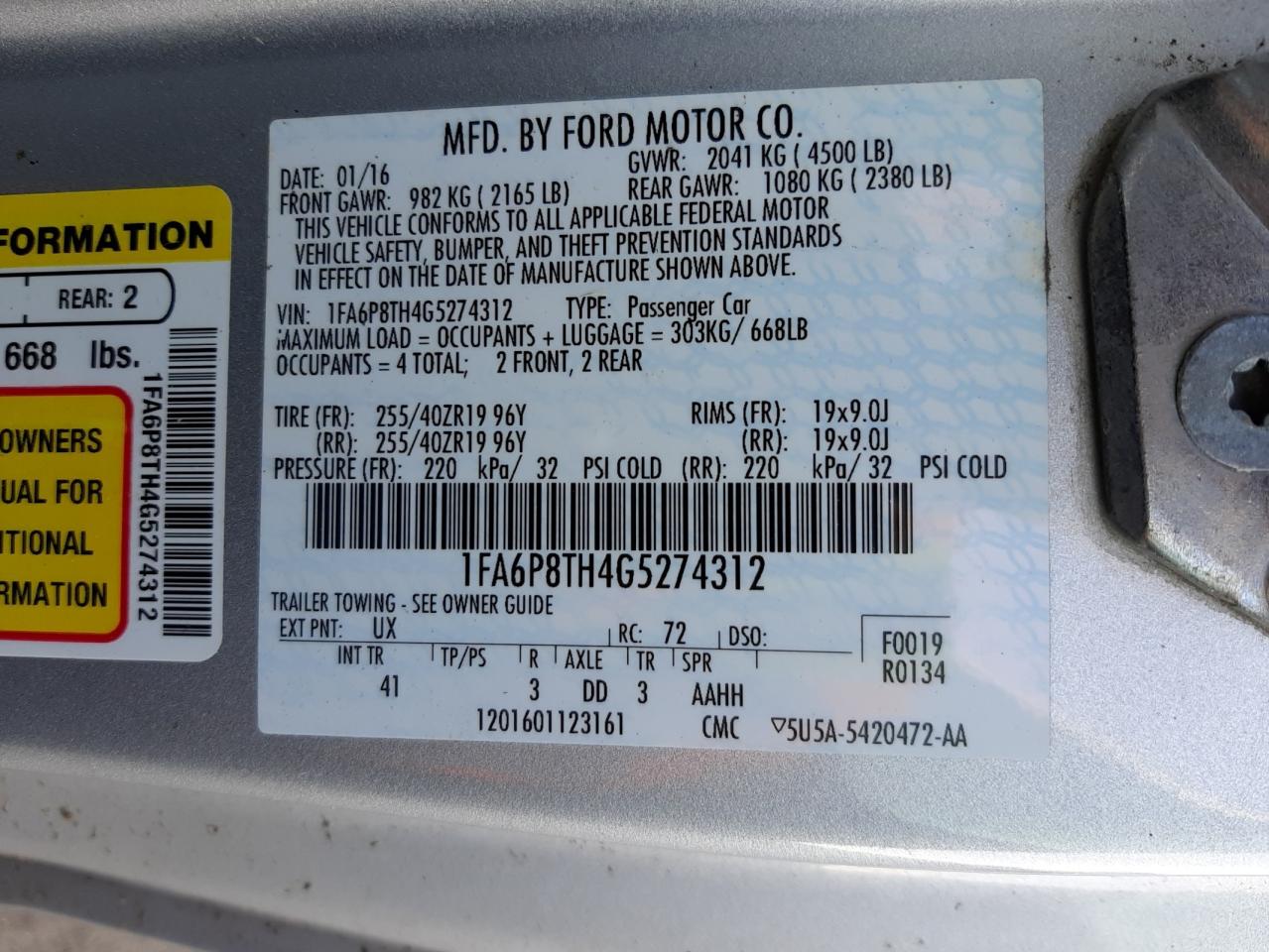 Photo 10 from auction – 2016 FORD MUSTANG with VIN 1FA6P8TH4G5274312