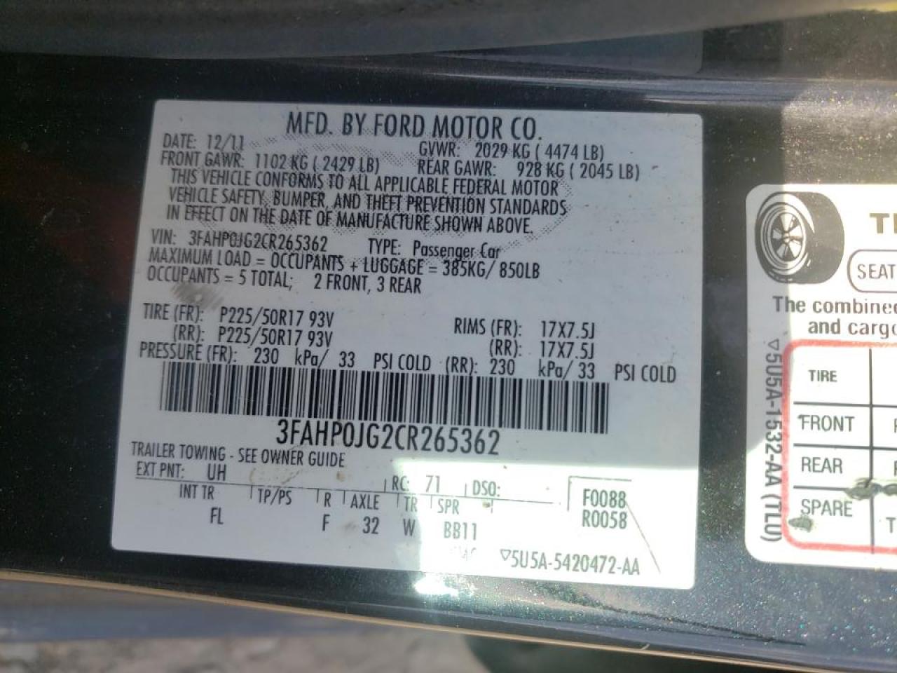 Photo 10 from auction – 2012 FORD FUSION SEL with VIN 3FAHP0JG2CR265362