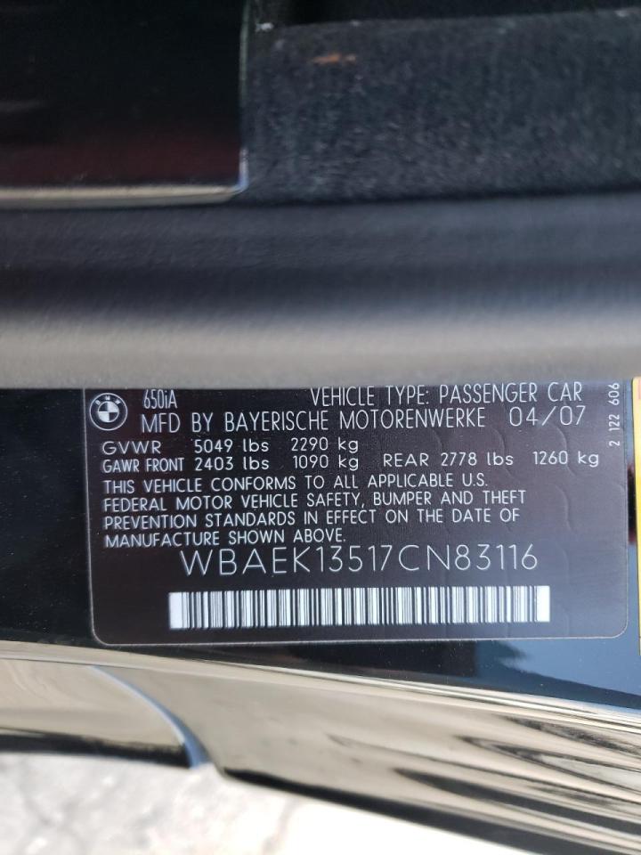 Photo 10 from auction – 2007 BMW 650 I with VIN WBAEK13517CN83116