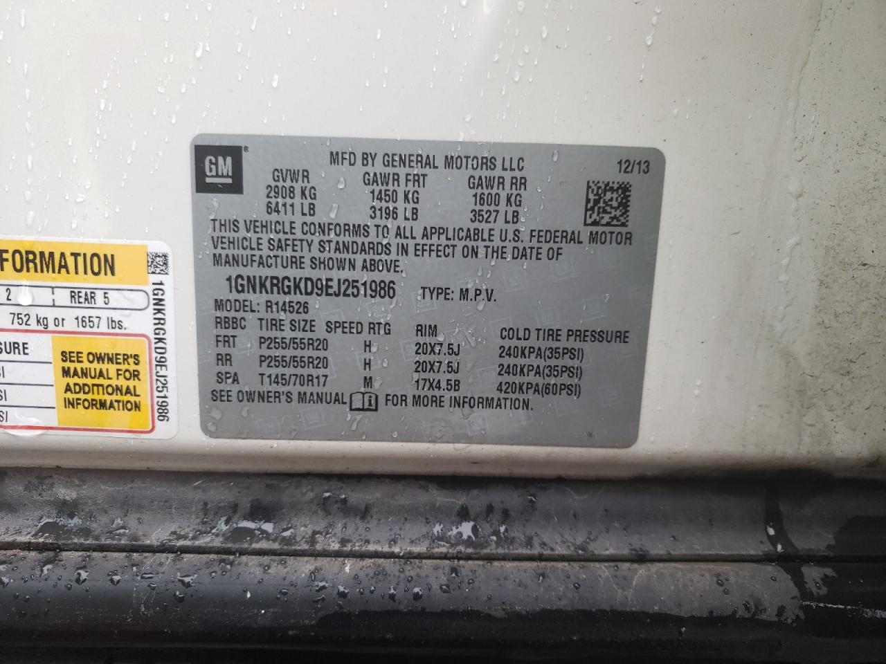 Photo 10 from auction – 2014 CHEVROLET TRAVERSE L with VIN 1GNKRGKD9EJ251986