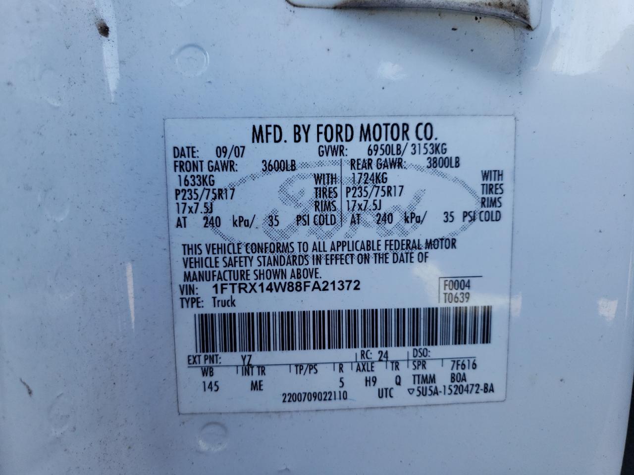 Photo 10 from auction – 2008 FORD F150 with VIN 1FTRX14W88FA21372