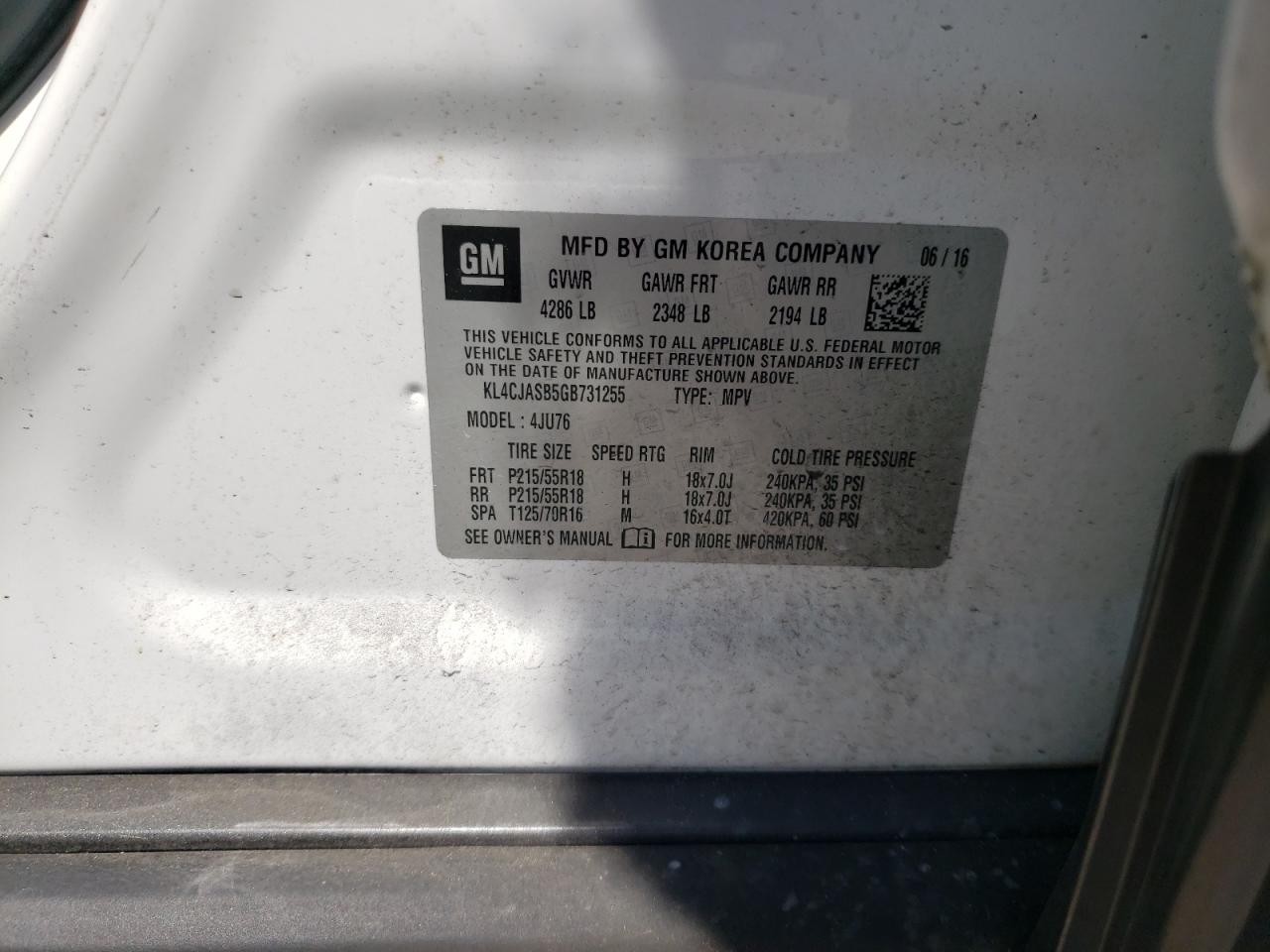Photo 10 from auction – 2016 BUICK ENCORE with VIN KL4CJASB5GB731255