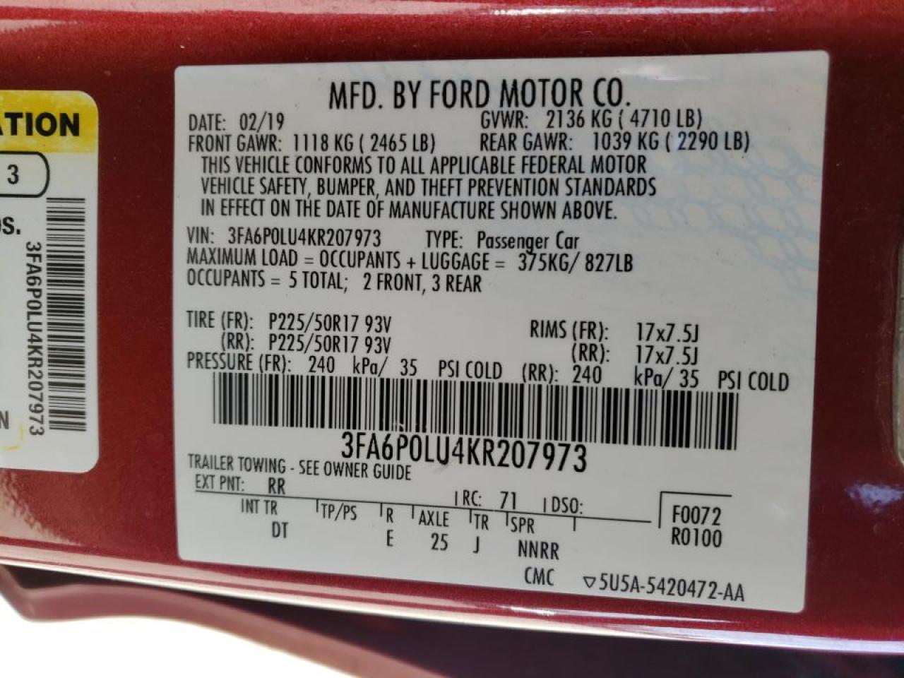 Photo 10 from auction – 2019 FORD FUSION SE with VIN 3FA6P0LU4KR207973