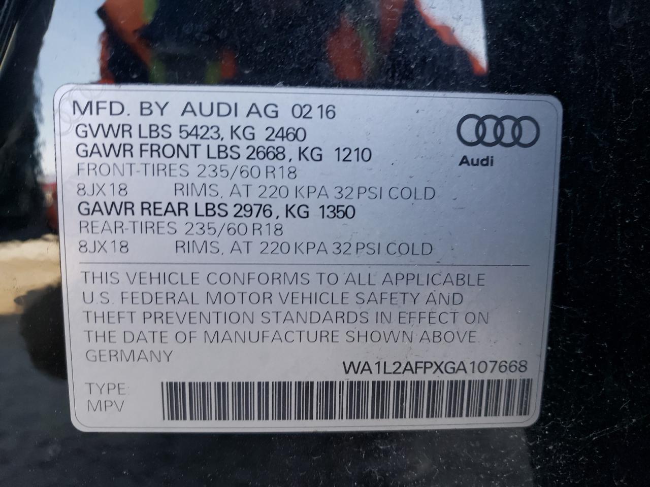 Photo 10 from auction – 2016 AUDI Q5 PREMIUM with VIN WA1L2AFPXGA107668