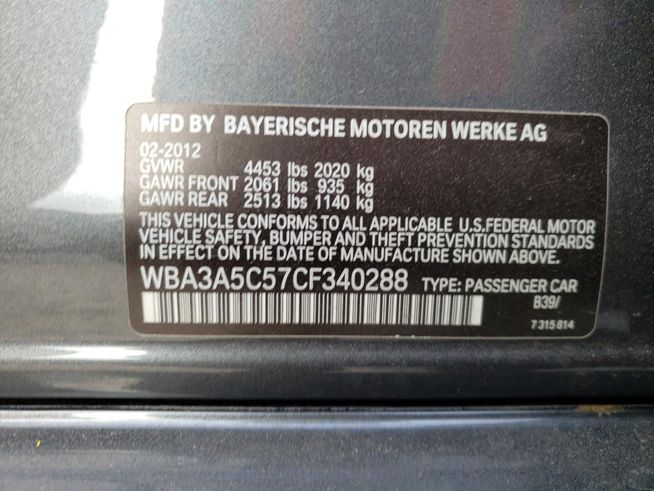 Photo 11 from auction – 2012 BMW 328 I with VIN WBA3A5C57CF340288