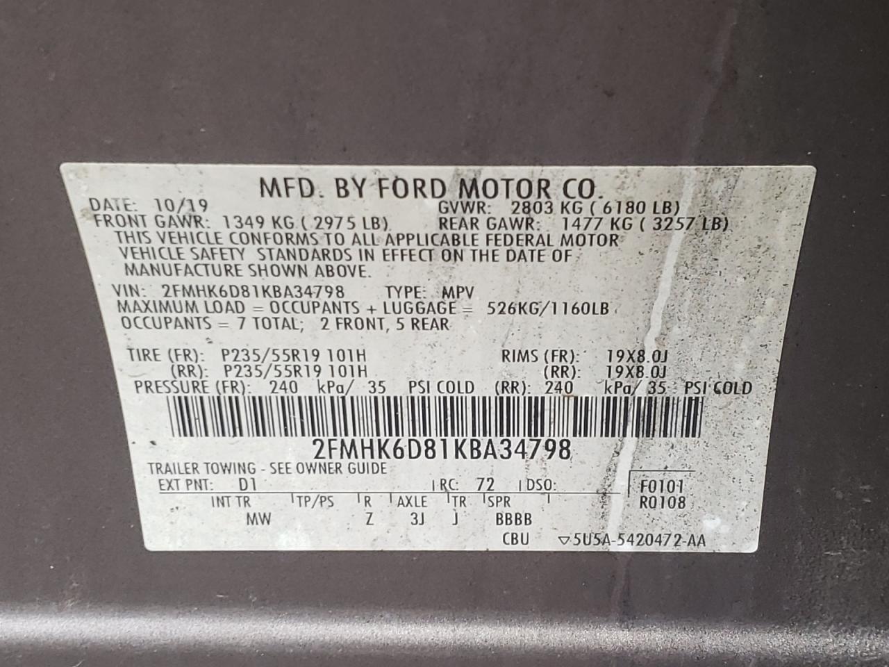 Photo 10 from auction – 2019 FORD FLEX LIMIT with VIN 2FMHK6D81KBA34798