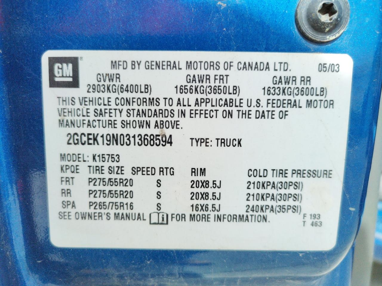 Photo 10 from auction – 2003 CHEVROLET SILVERADO with VIN 2GCEK19N031368594