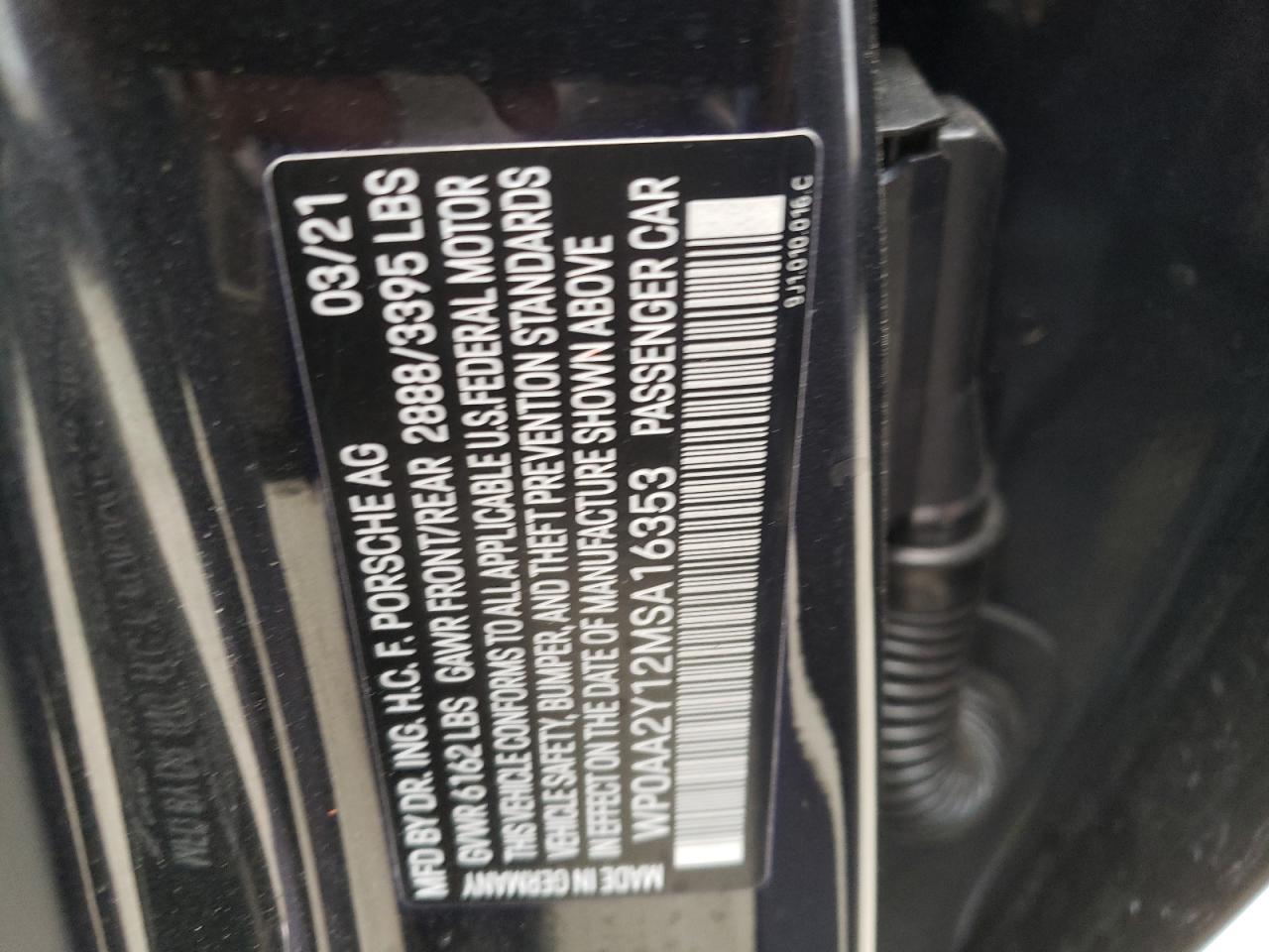 Photo 10 from auction – 2021 PORSCHE TAYCAN with VIN WP0AA2Y12MSA16353