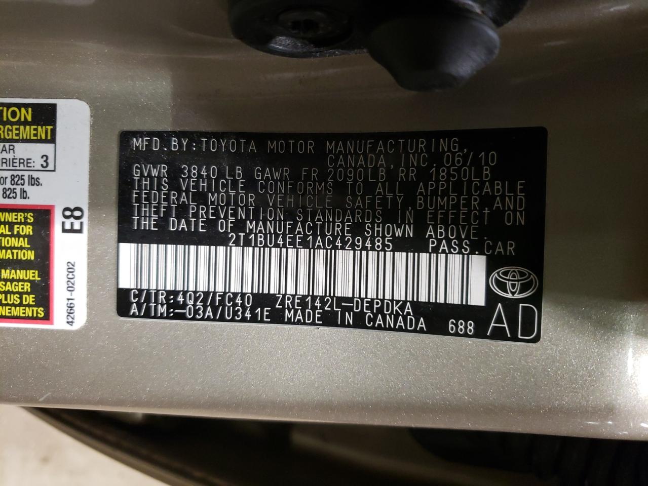 Photo 10 from auction – 2010 TOYOTA COROLLA BA with VIN 2T1BU4EE1AC429485