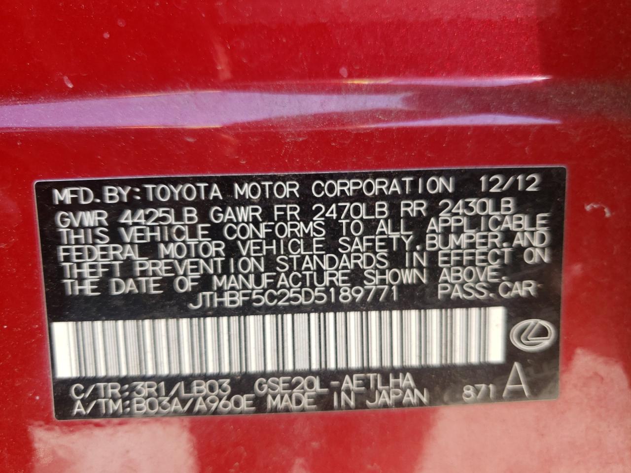 Photo 10 from auction – 2013 LEXUS IS 250 with VIN JTHBF5C25D5189771