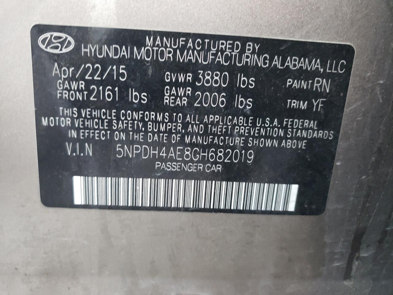 Photo 10 from auction – 2016 HYUNDAI ELANTRA SE with VIN 5NPDH4AE8GH682019