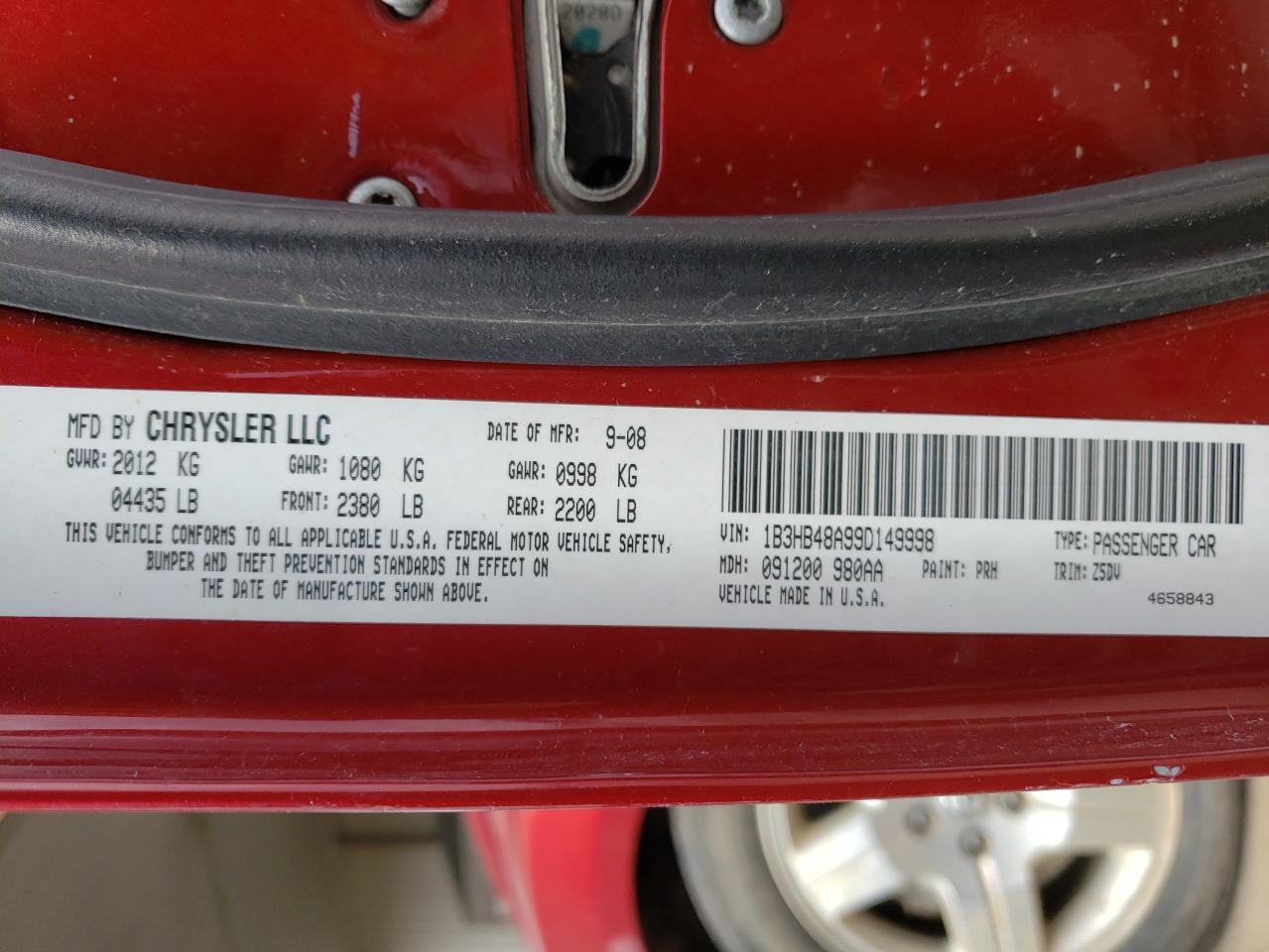 Photo 10 from auction – 2009 DODGE CALIBER SX with VIN 1B3HB48A99D149998
