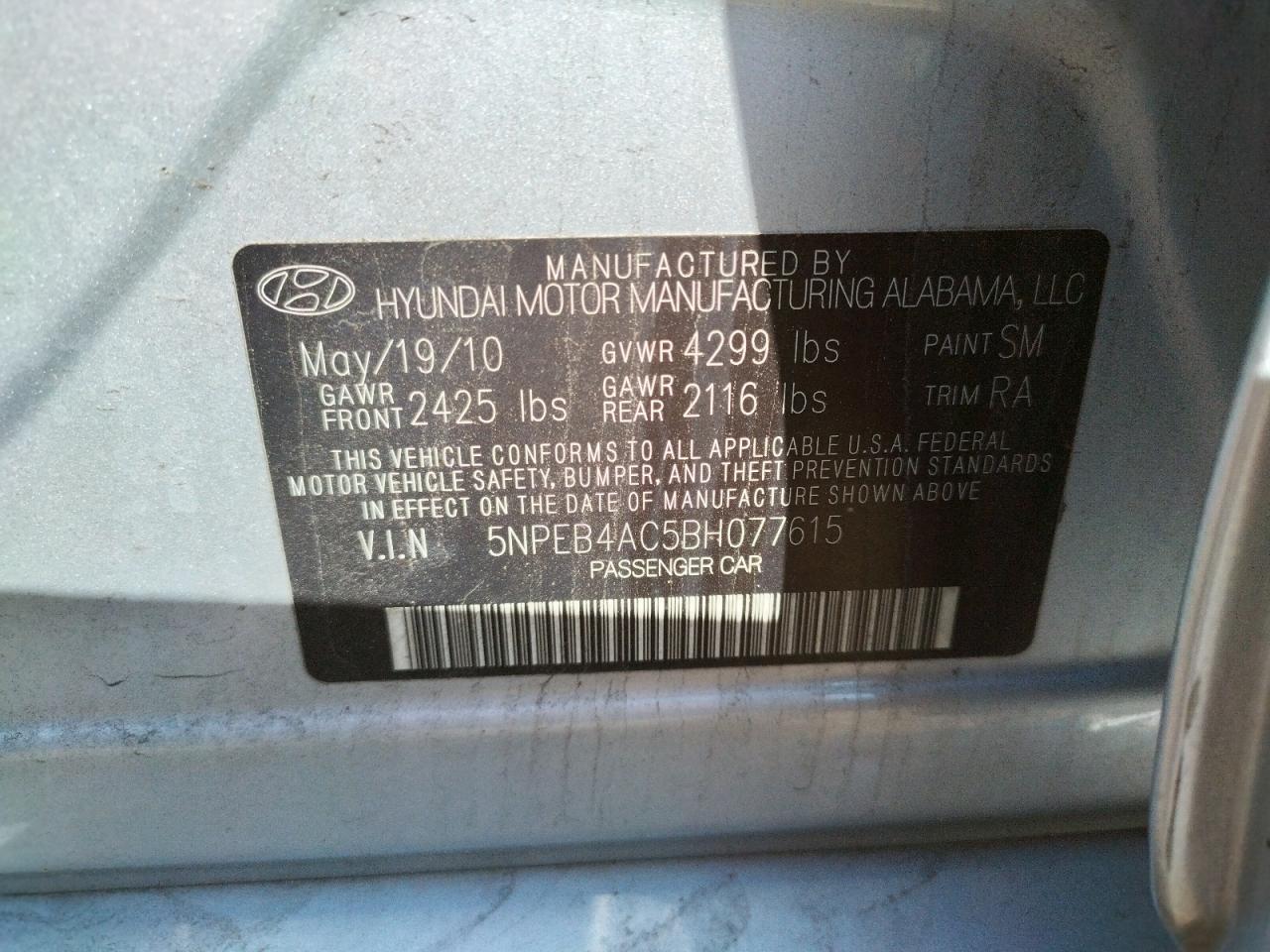 Photo 10 from auction – 2011 HYUNDAI SONATA GLS with VIN 5NPEB4AC5BH077615