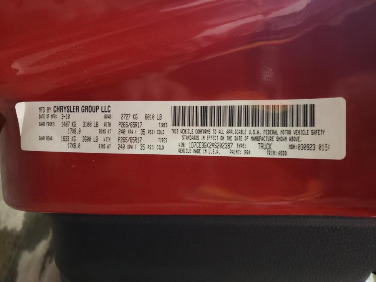 Photo 10 from auction – 2010 DODGE DAKOTA SXT with VIN 1D7CE3GK2AS202387