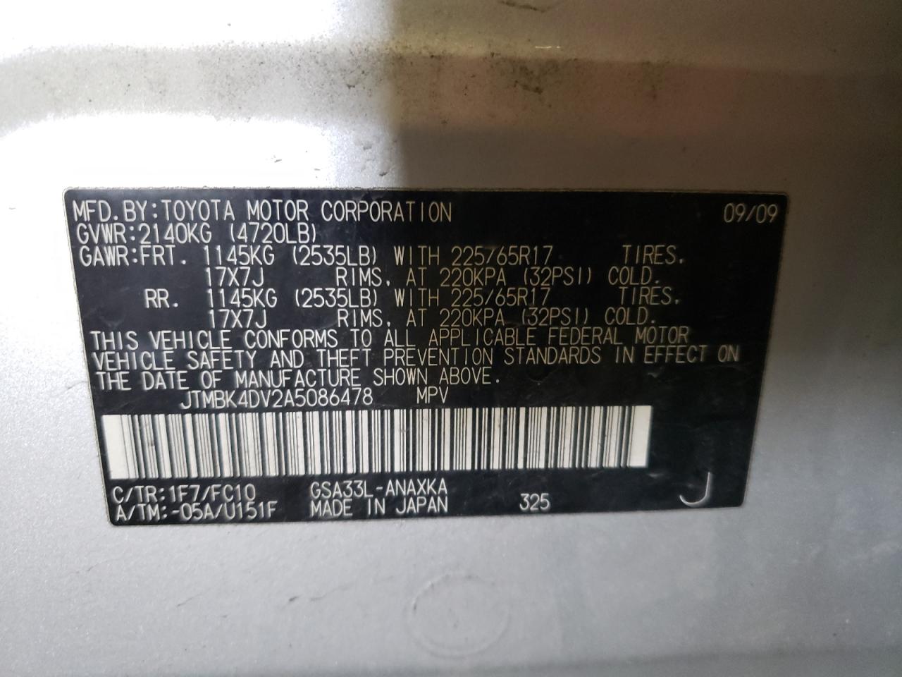 Photo 10 from auction – 2010 TOYOTA RAV4 with VIN JTMBK4DV2A5086478