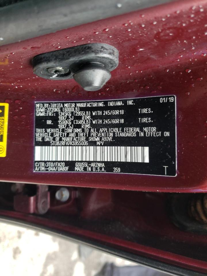 Photo 10 from auction – 2019 TOYOTA HIGHLANDER with VIN 5TDBZRFH7KS955006