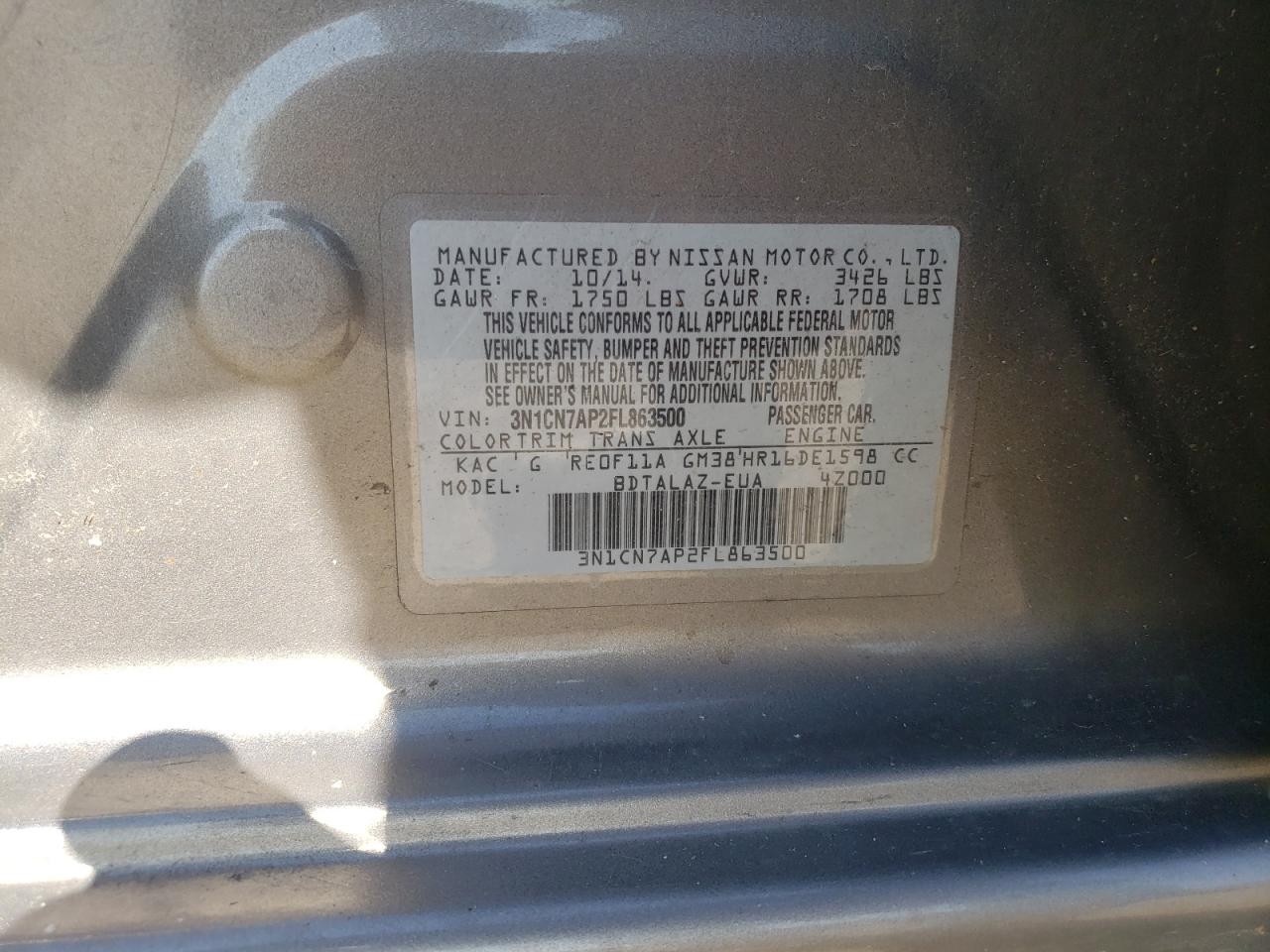 Photo 10 from auction – 2015 NISSAN VERSA S with VIN 3N1CN7AP2FL863500
