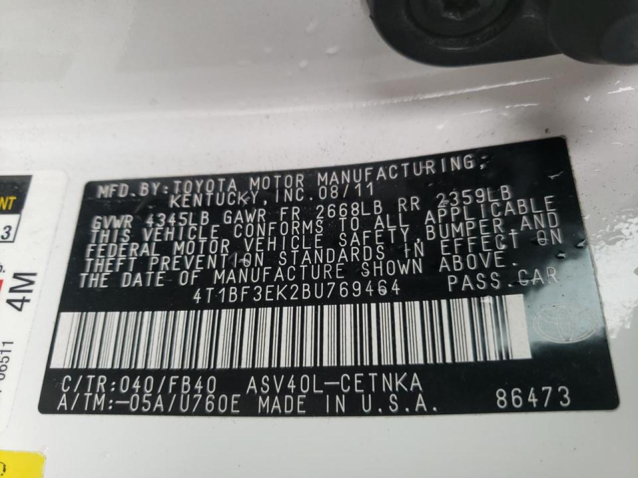 Photo 10 from auction – 2011 TOYOTA CAMRY BASE with VIN 4T1BF3EK2BU769464