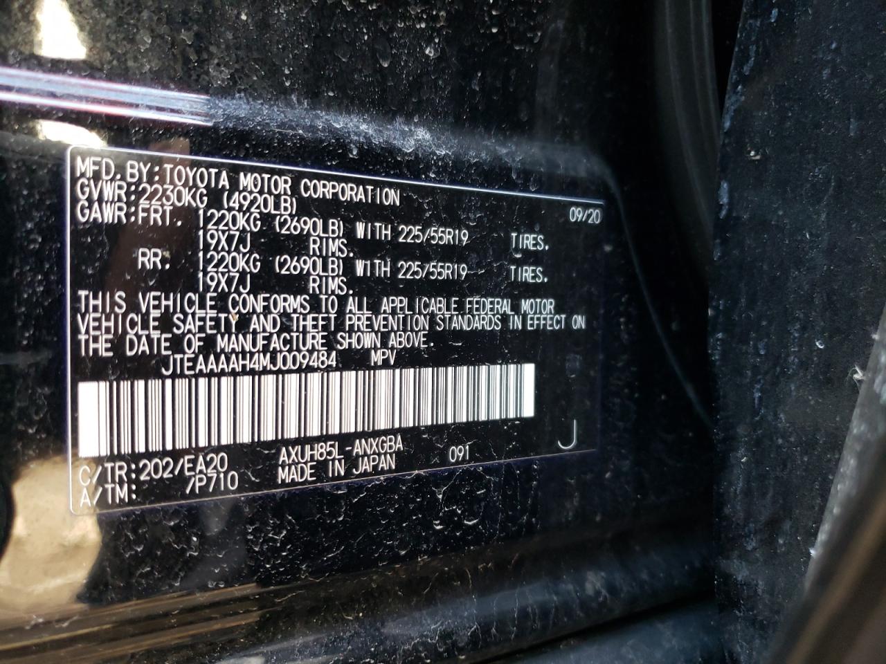 Photo 10 from auction – 2021 TOYOTA VENZA LE with VIN JTEAAAAH4MJ009484