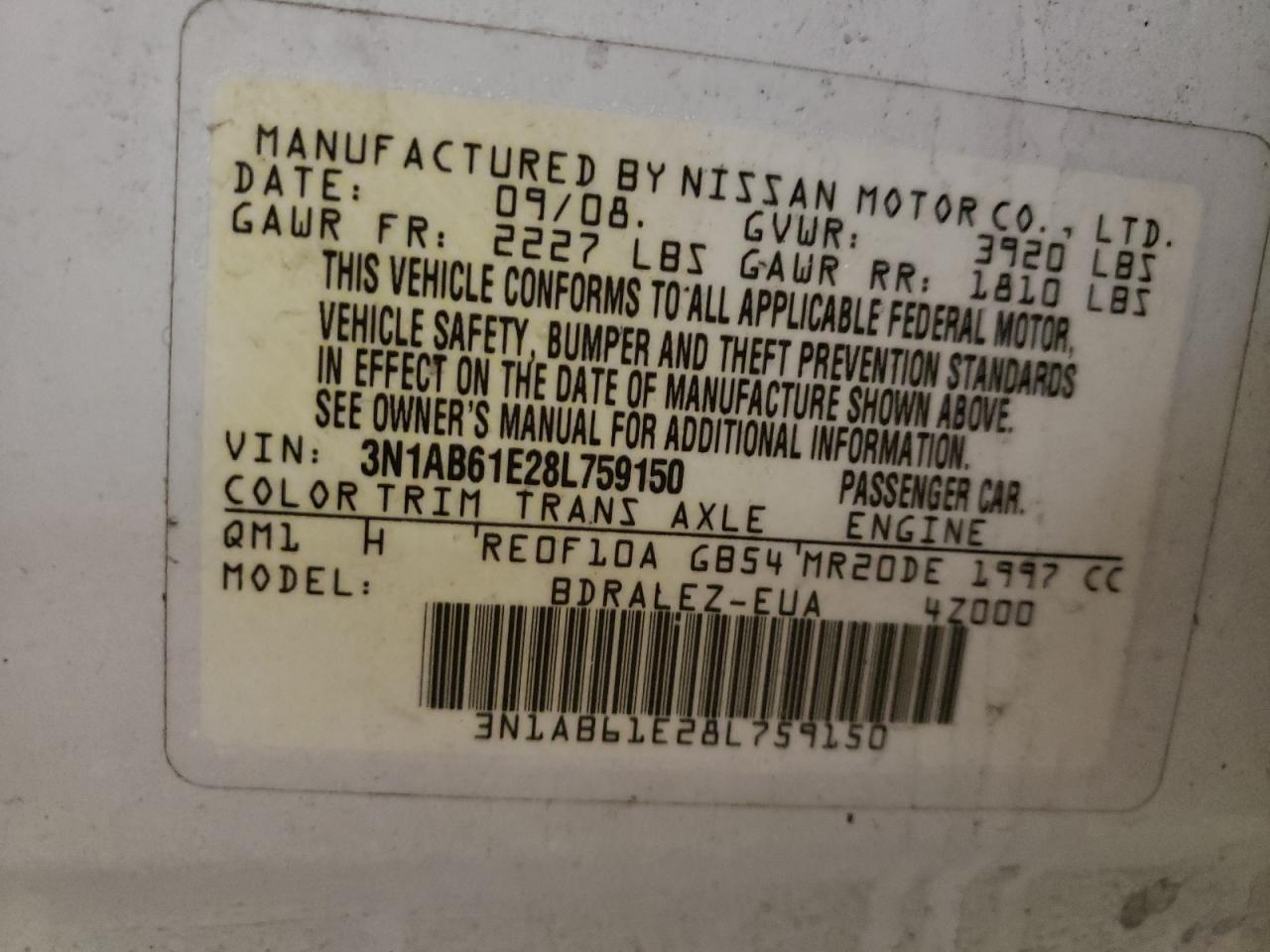 Photo 10 from auction – 2008 NISSAN SENTRA 2.0 with VIN 3N1AB61E28L759150