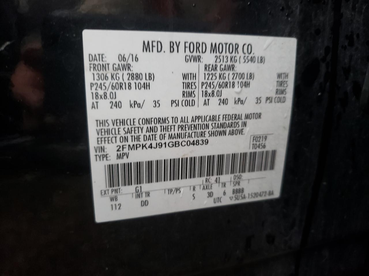 Photo 10 from auction – 2016 FORD EDGE SEL with VIN 2FMPK4J91GBC04839