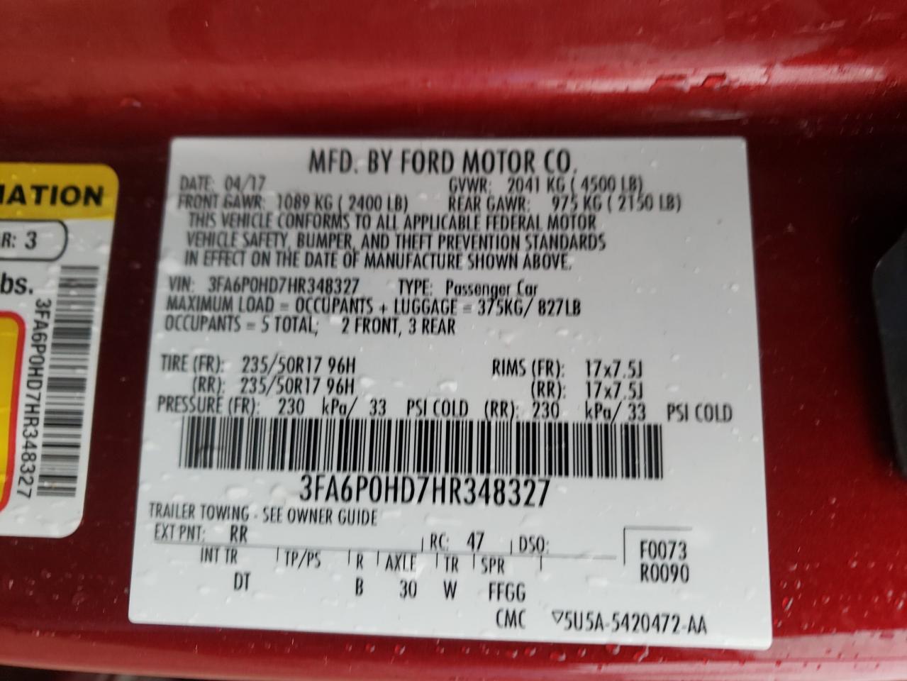 Photo 10 from auction – 2017 FORD FUSION SE with VIN 3FA6P0HD7HR348327