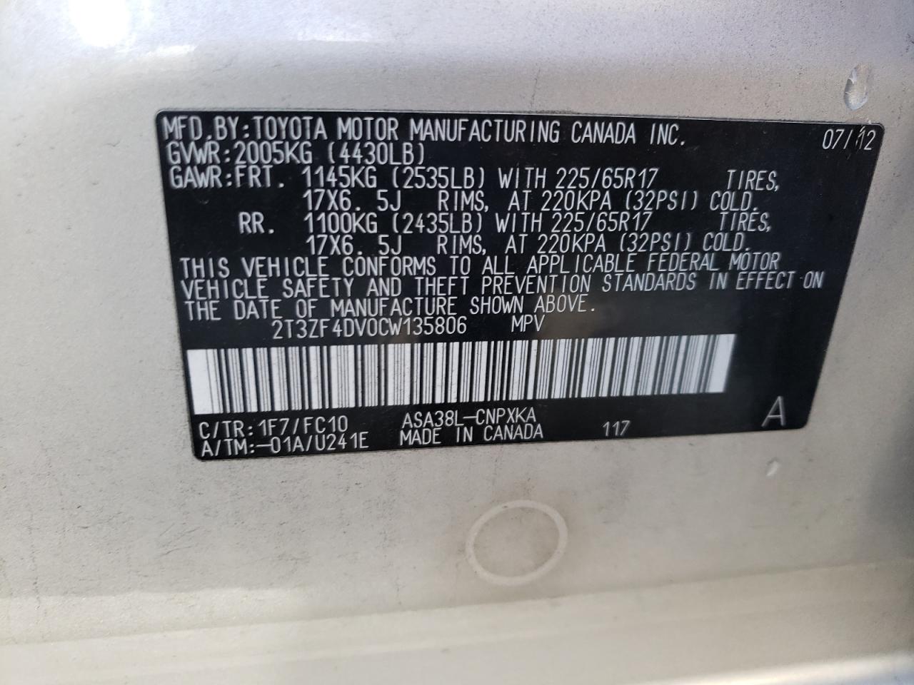 Photo 10 from auction – 2012 TOYOTA RAV4 with VIN 2T3ZF4DV0CW135806