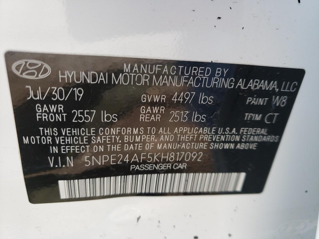 Photo 10 from auction – 2019 HYUNDAI SONATA SE with VIN 5NPE24AF5KH817092