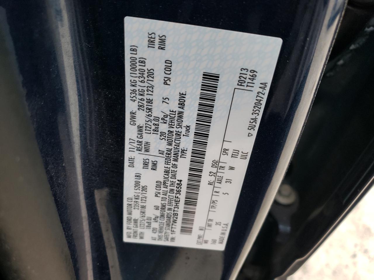 Photo 10 from auction – 2017 FORD F250 SUPER with VIN 1FT7W2BT3HEF36584