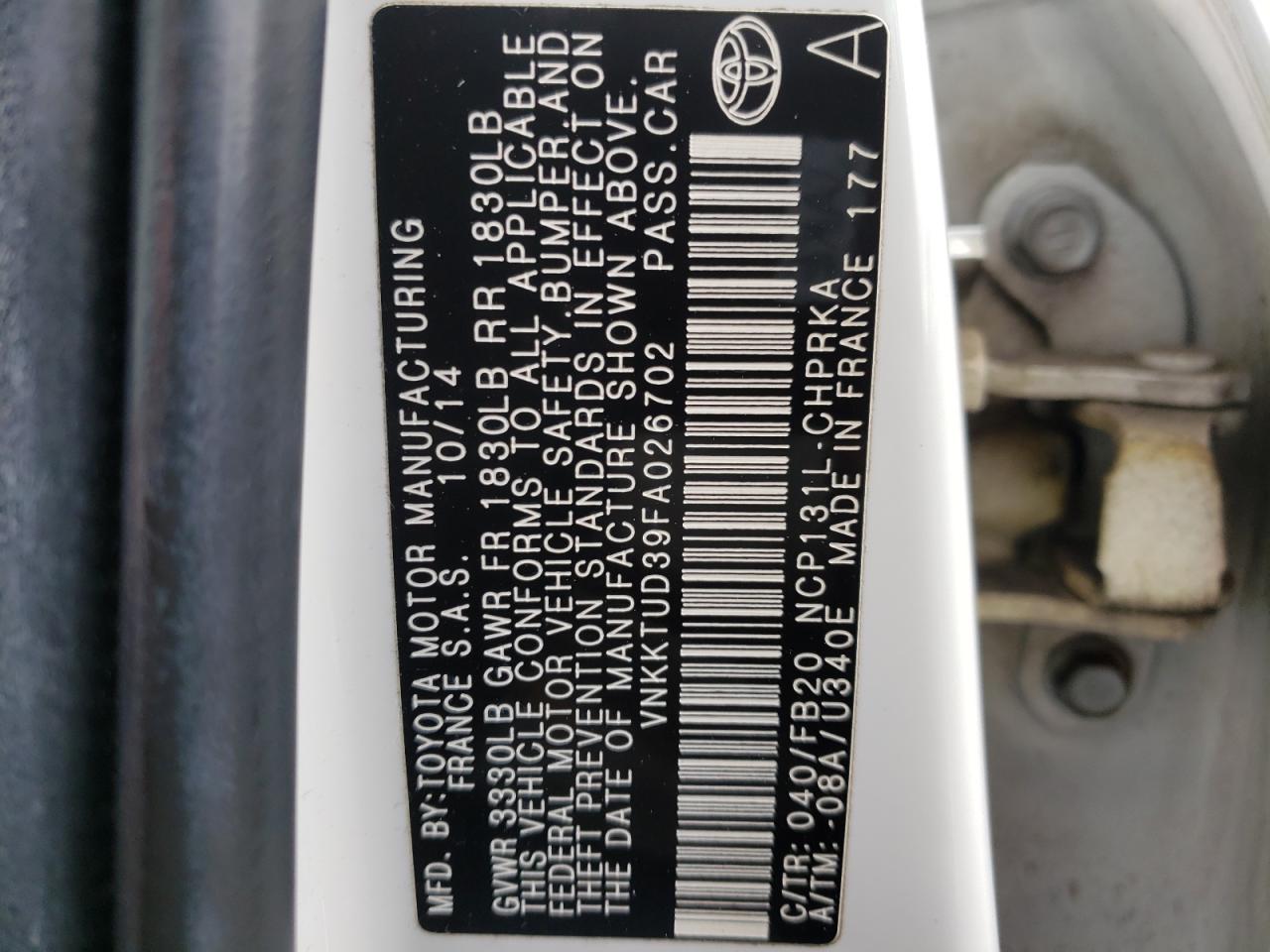 Photo 10 from auction – 2015 TOYOTA YARIS with VIN VNKKTUD39FA026702