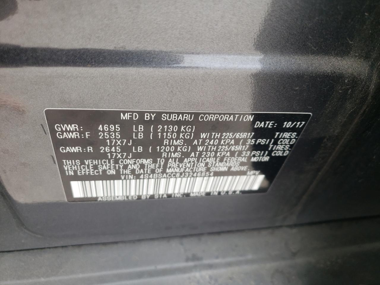 Photo 11 from auction – 2018 SUBARU OUTBACK 2. with VIN 4S4BSACC8J3246854