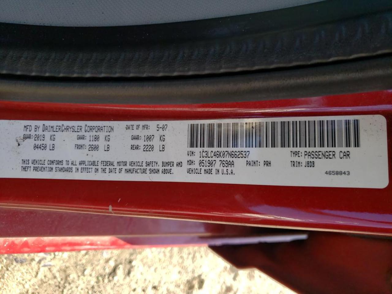 Photo 10 from auction – 2007 CHRYSLER SEBRING with VIN 1C3LC46K07N662537