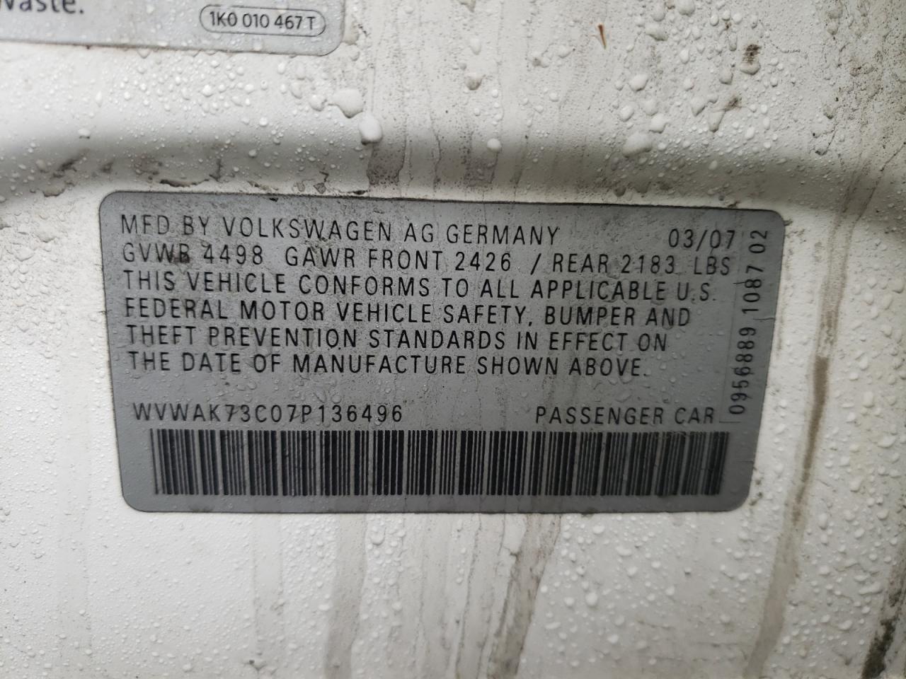 Photo 10 from auction – 2007 VOLKSWAGEN PASSAT 2.0 with VIN WVWAK73C07P136496