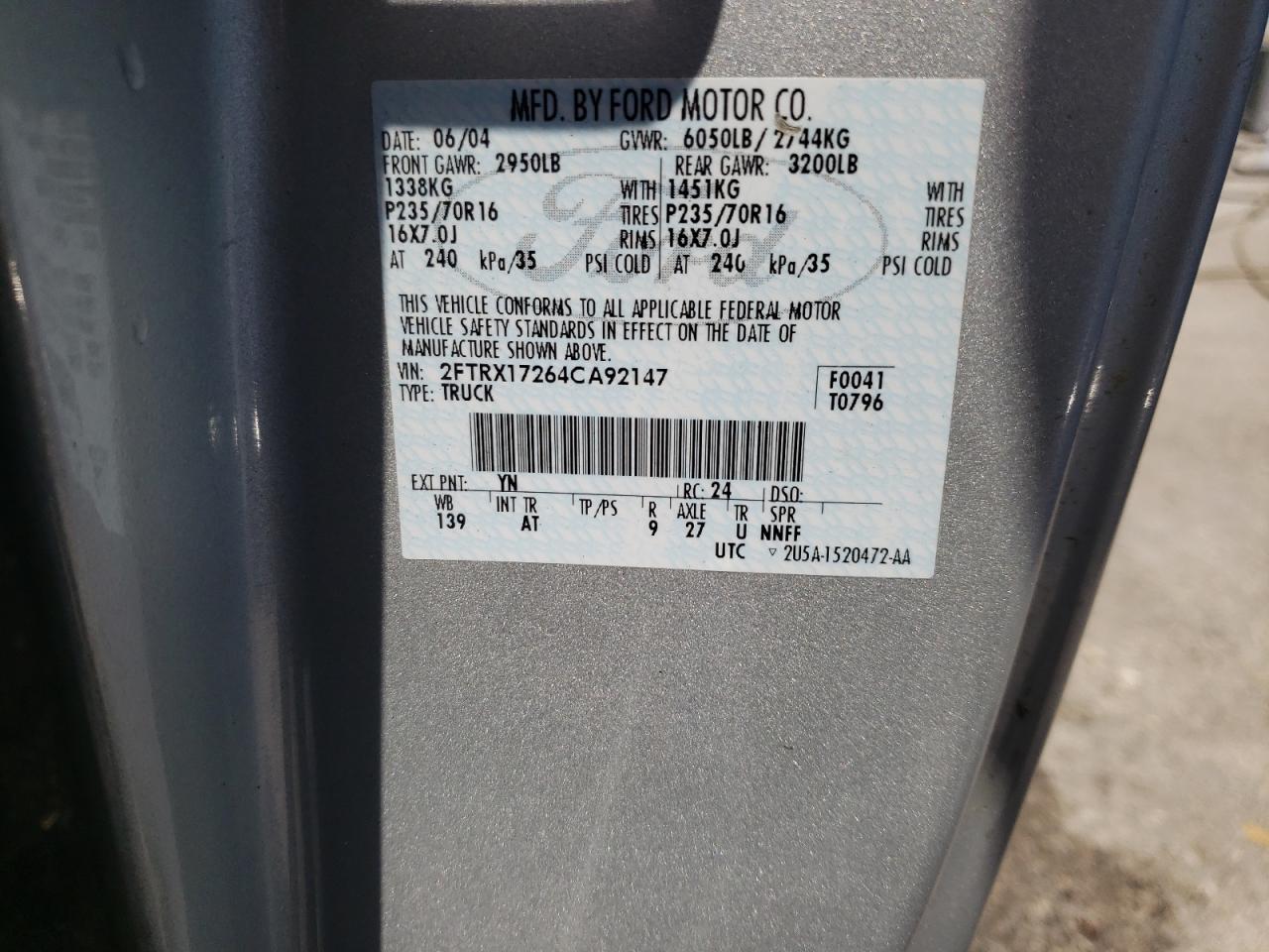 Photo 10 from auction – 2004 FORD F-150 HERI with VIN 2FTRX17264CA92147