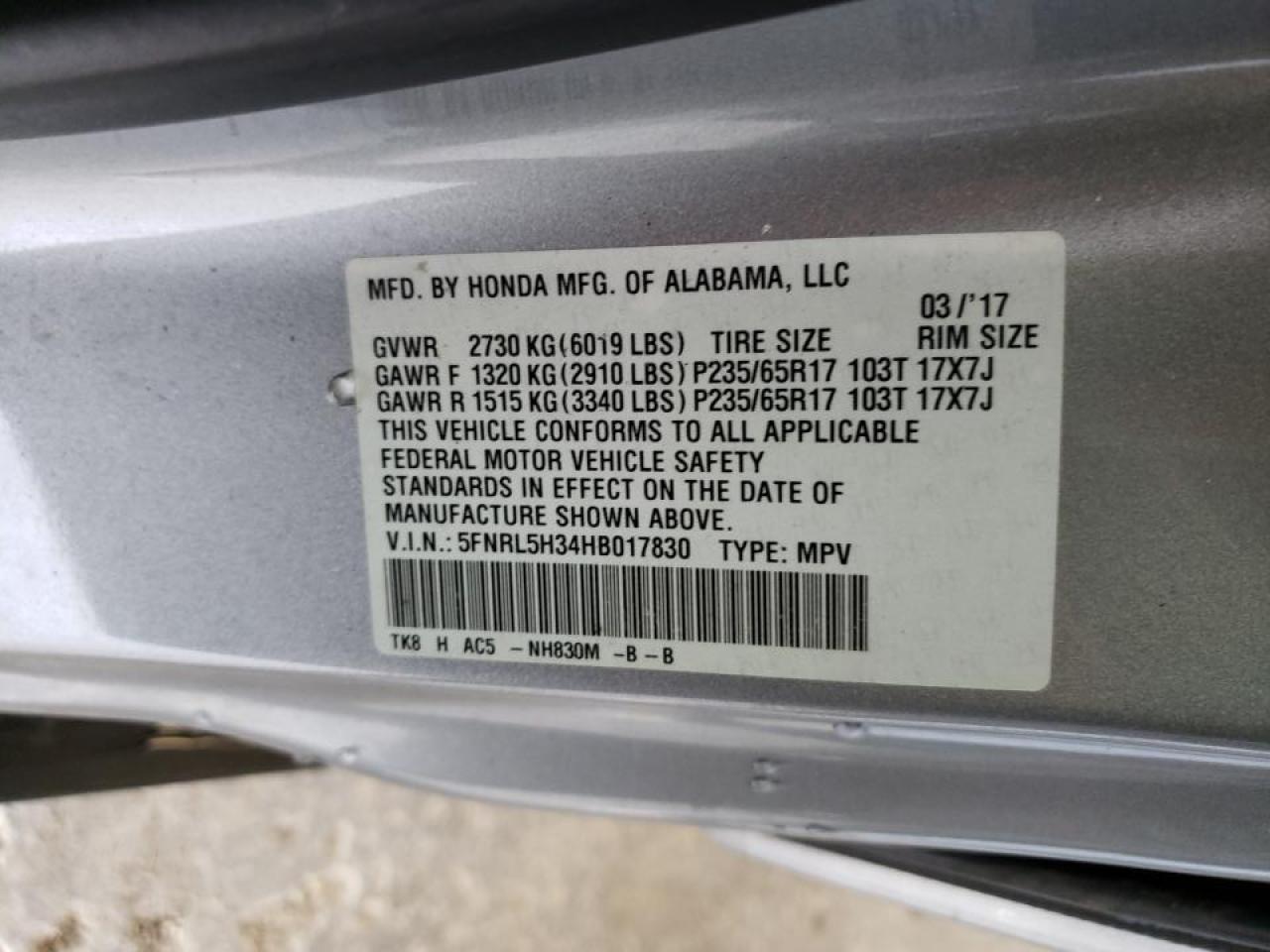 Photo 10 from auction – 2017 HONDA ODYSSEY SE with VIN 5FNRL5H34HB017830