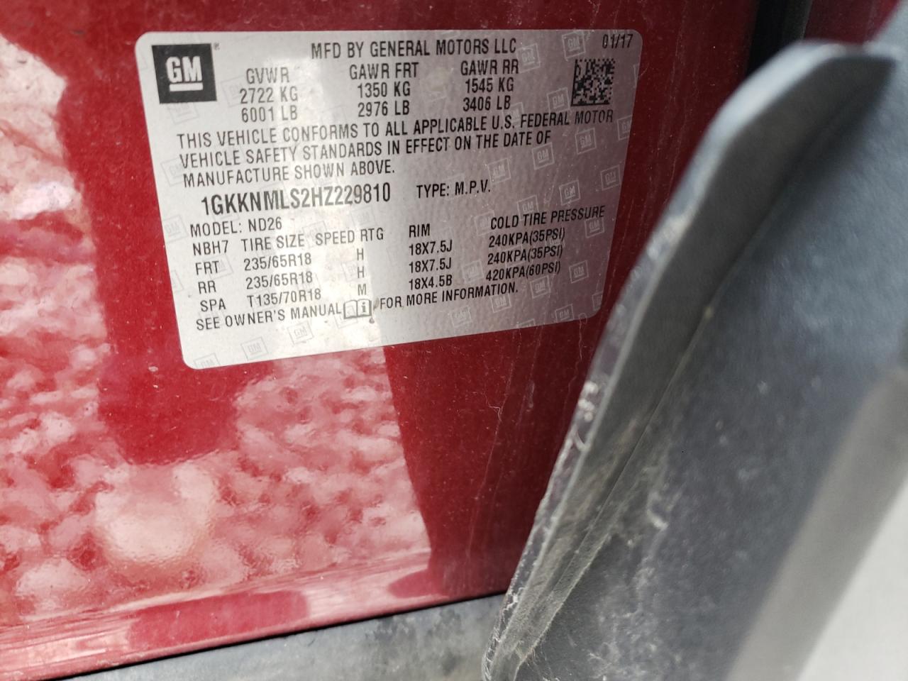 Photo 10 from auction – 2017 GMC ACADIA SLT with VIN 1GKKNMLS2HZ229810