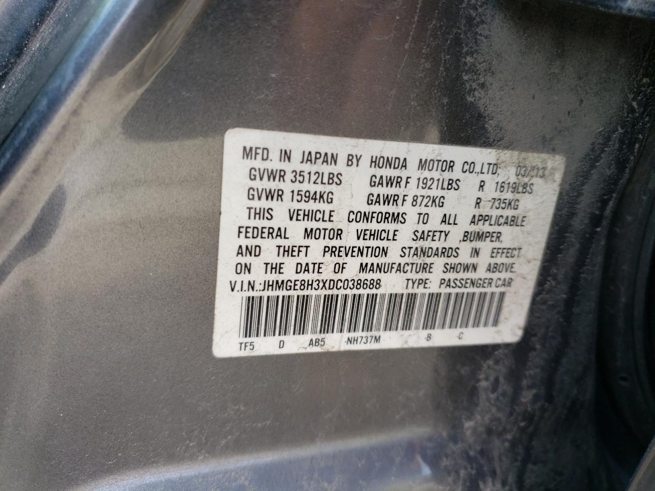 Photo 10 from auction – 2013 HONDA FIT with VIN JHMGE8H3XDC038688