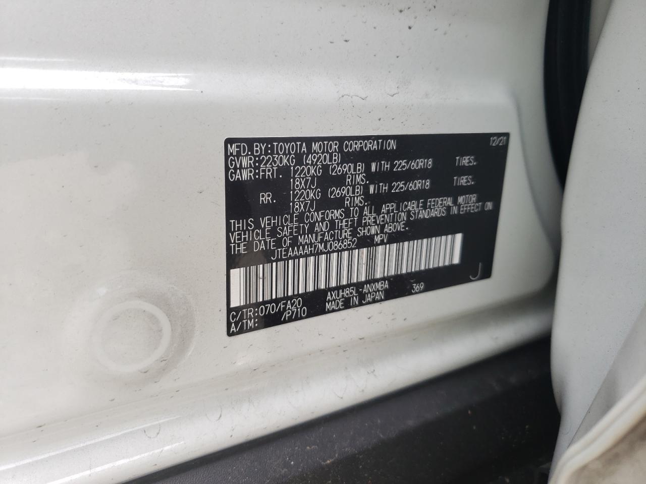 Photo 10 from auction – 2021 TOYOTA VENZA LE with VIN JTEAAAAH7MJ086852
