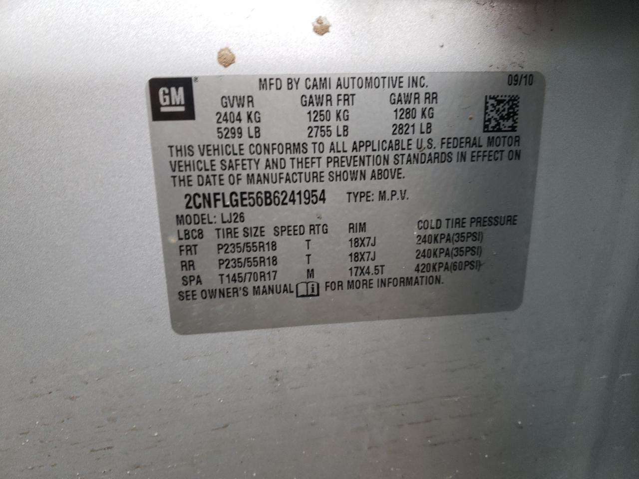 Photo 10 from auction – 2011 CHEVROLET EQUINOX LT with VIN 2CNFLGE56B6241954