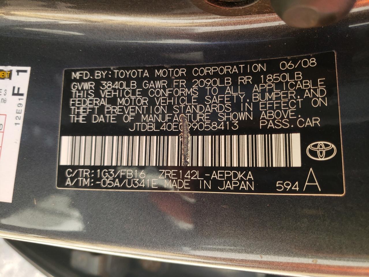 Photo 10 from auction – 2009 TOYOTA COROLLA BA with VIN JTDBL40E099058413