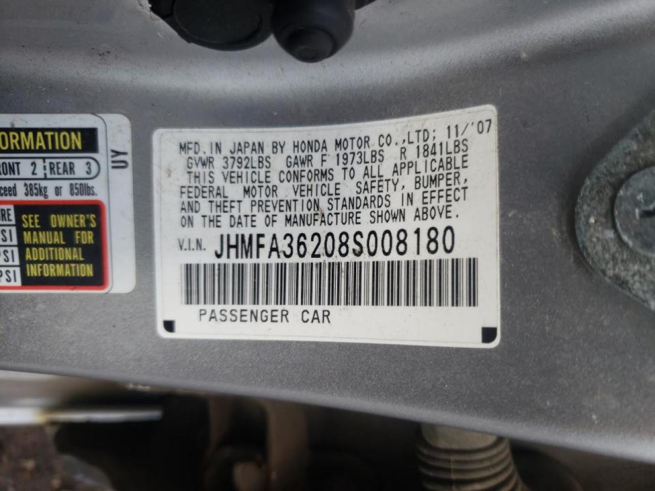Photo 10 from auction – 2008 HONDA CIVIC HYBR with VIN JHMFA36208S008180