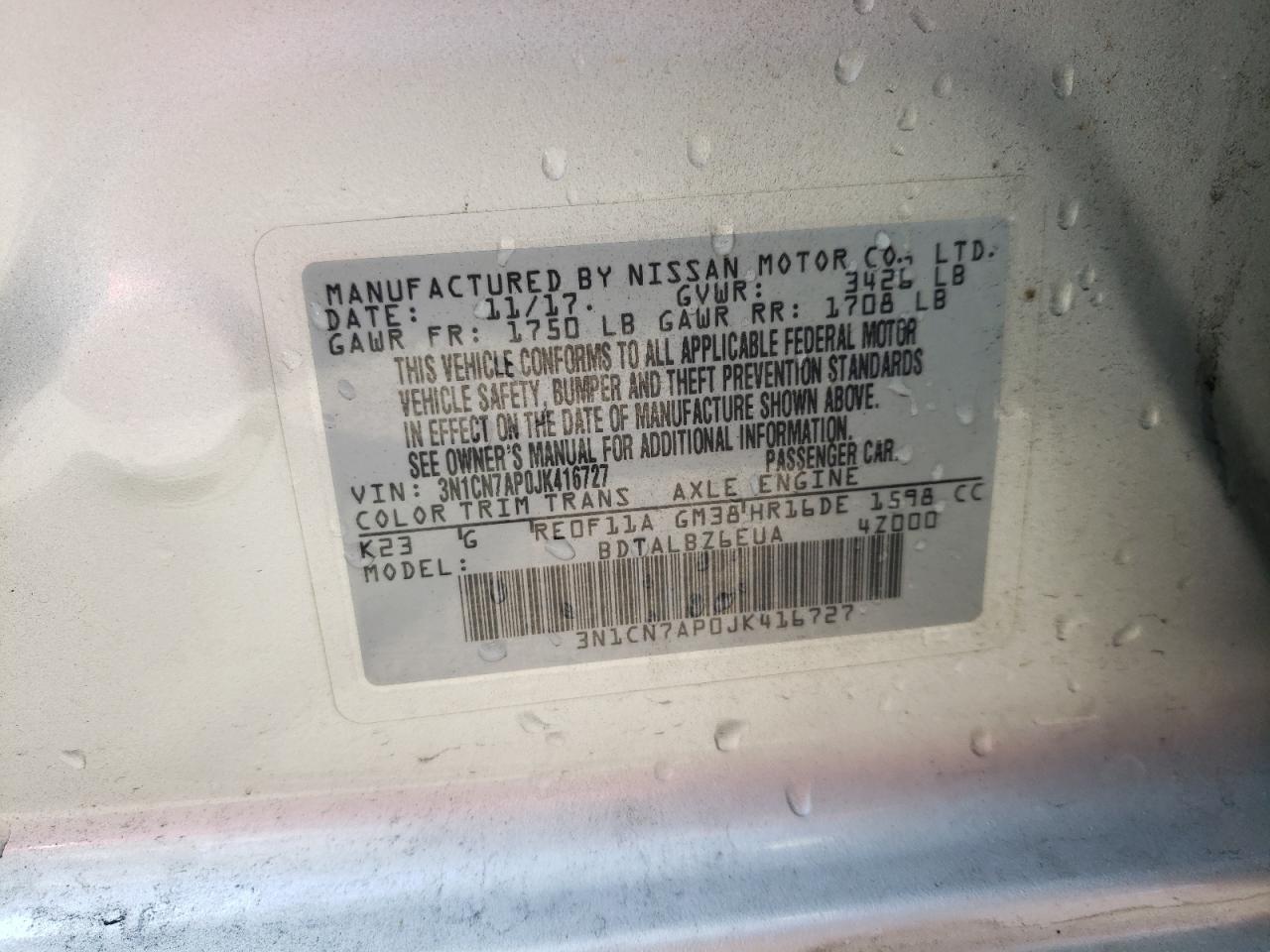 Photo 10 from auction – 2018 NISSAN VERSA S with VIN 3N1CN7AP0JK416727