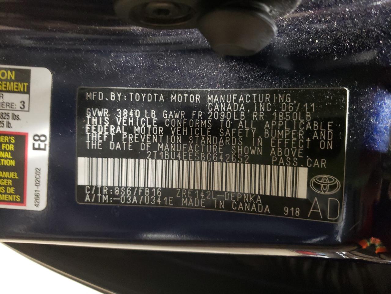 Photo 10 from auction – 2011 TOYOTA COROLLA BA with VIN 2T1BU4EE5BC642652