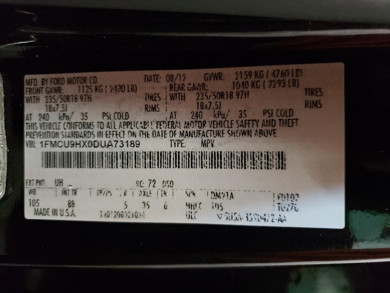 Photo 10 from auction – 2013 FORD ESCAPE SEL with VIN 1FMCU9HX0DUA73189