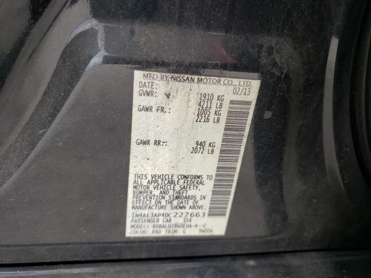 Photo 10 from auction – 2013 NISSAN ALTIMA 2.5 with VIN 1N4AL3AP4DC227663