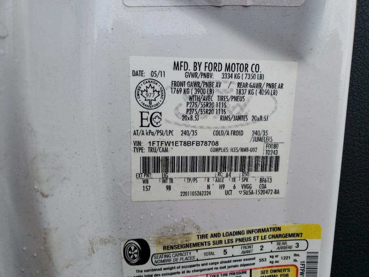 Photo 10 from auction – 2011 FORD F150 SUPER with VIN 1FTFW1ET8BFB78708