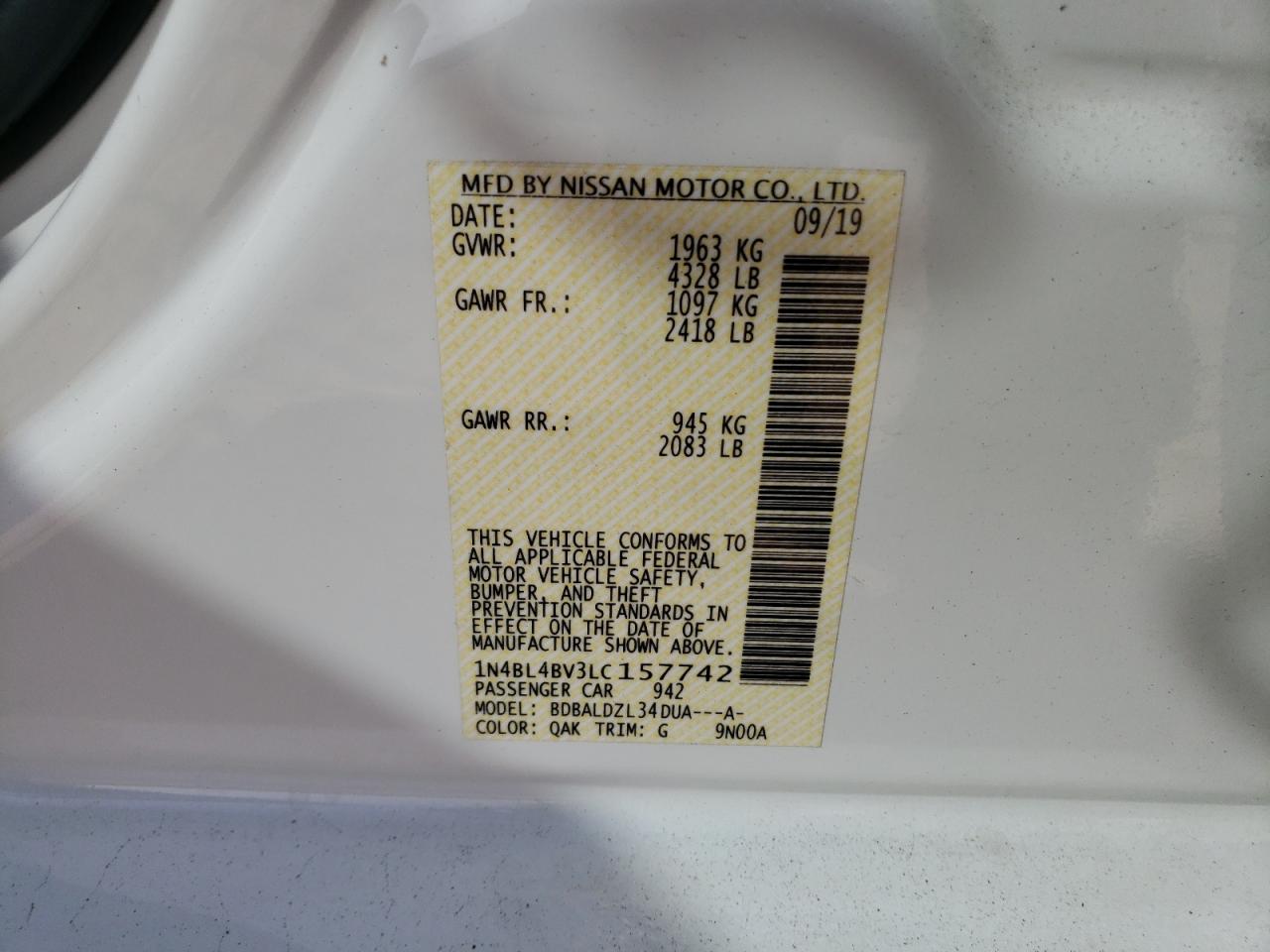 Photo 10 from auction – 2020 NISSAN ALTIMA S with VIN 1N4BL4BV3LC157742