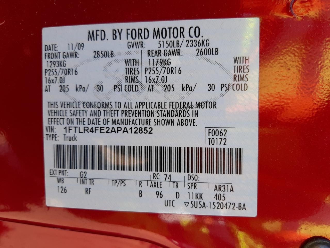 Photo 10 from auction – 2010 FORD RANGER SUP with VIN 1FTLR4FE2APA12852