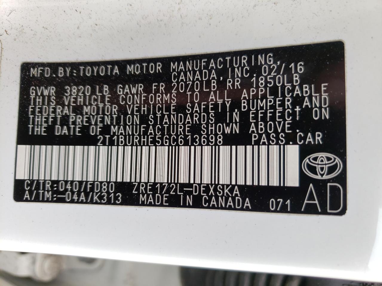 Photo 10 from auction – 2016 TOYOTA COROLLA L with VIN 2T1BURHE5GC613698