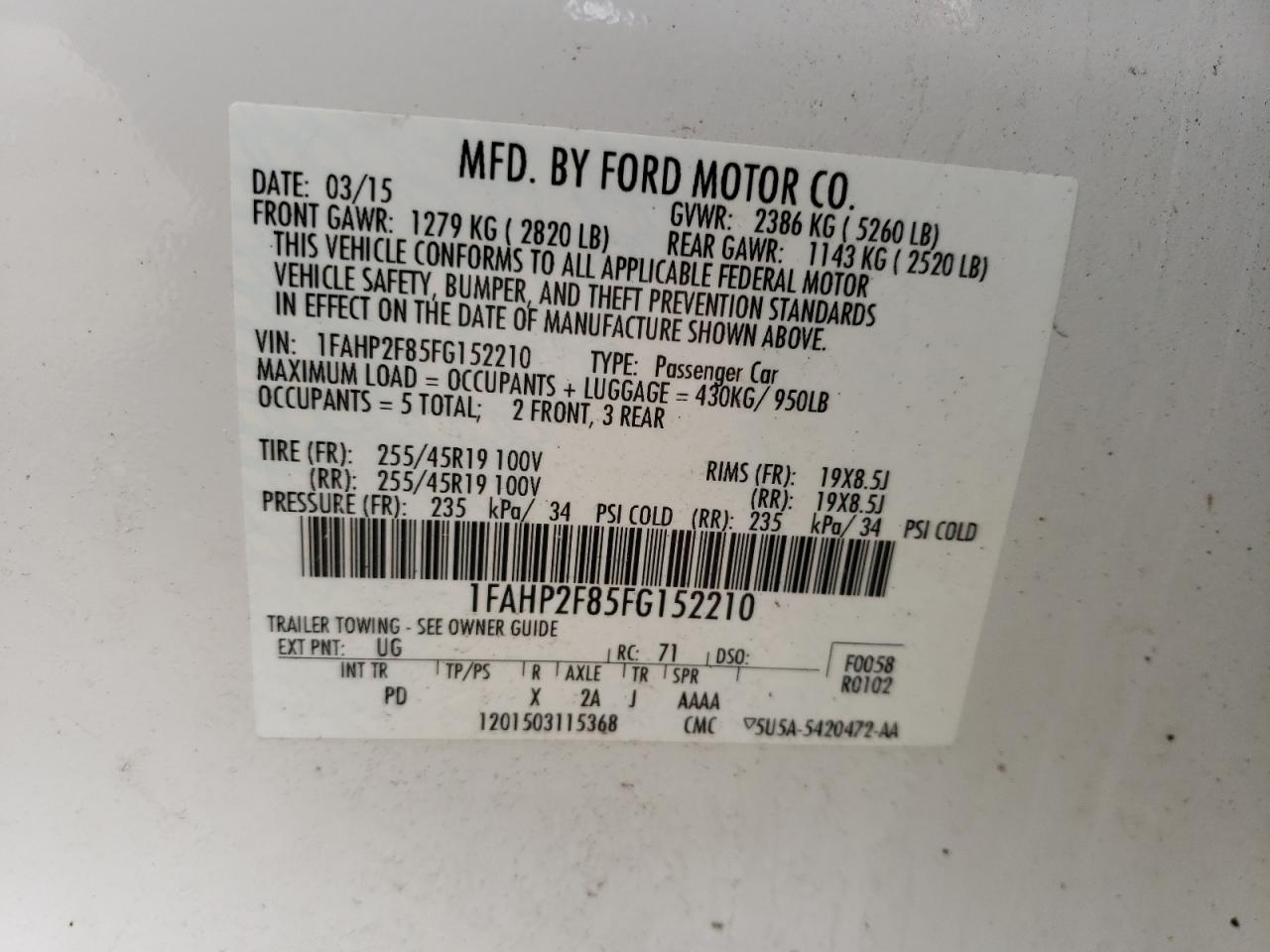Photo 10 from auction – 2015 FORD TAURUS LIM with VIN 1FAHP2F85FG152210